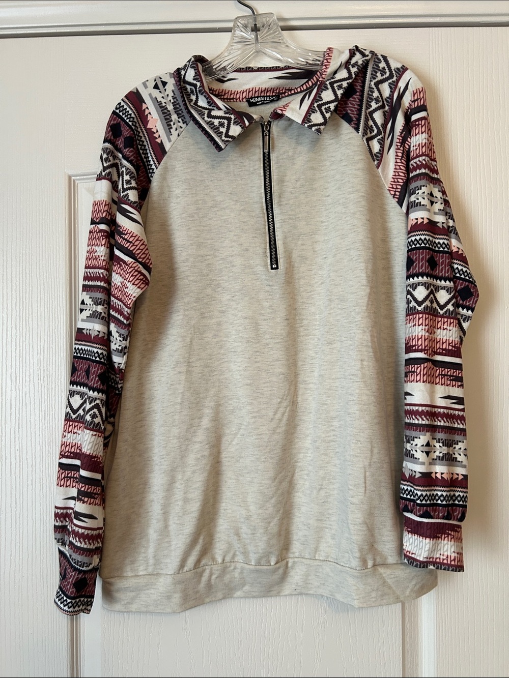 HEIMISH USA Light Gray Pullover with Burgundy Patterned Raglan Sleeves